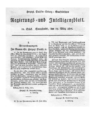 Herzogl.-Sachsen-Coburg-Saalfeldisches Regierungs- und Intelligenzblatt (Coburger Regierungs-Blatt) Samstag 19. März 1825