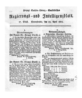 Herzogl.-Sachsen-Coburg-Saalfeldisches Regierungs- und Intelligenzblatt (Coburger Regierungs-Blatt) Samstag 23. April 1825