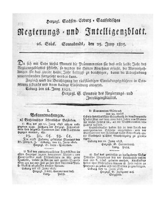 Herzogl.-Sachsen-Coburg-Saalfeldisches Regierungs- und Intelligenzblatt (Coburger Regierungs-Blatt) Samstag 25. Juni 1825