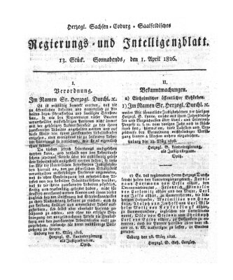Herzogl.-Sachsen-Coburg-Saalfeldisches Regierungs- und Intelligenzblatt (Coburger Regierungs-Blatt) Samstag 1. April 1826
