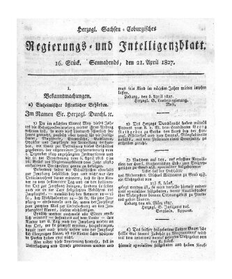 Herzogl.-Sachsen-Coburgisches Regierungs- und Intelligenzblatt (Coburger Regierungs-Blatt) Samstag 21. April 1827