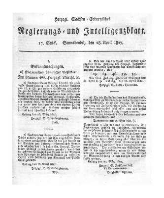 Herzogl.-Sachsen-Coburgisches Regierungs- und Intelligenzblatt (Coburger Regierungs-Blatt) Samstag 28. April 1827