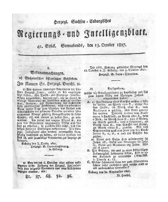 Herzogl.-Sachsen-Coburgisches Regierungs- und Intelligenzblatt (Coburger Regierungs-Blatt) Samstag 13. Oktober 1827