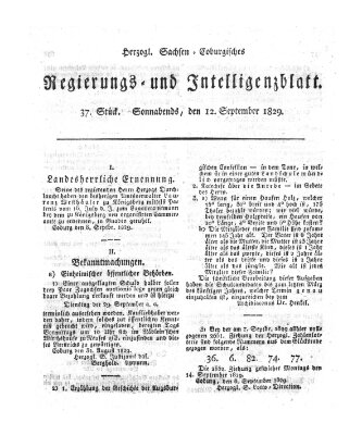 Herzogl.-Sachsen-Coburgisches Regierungs- und Intelligenzblatt (Coburger Regierungs-Blatt) Samstag 12. September 1829