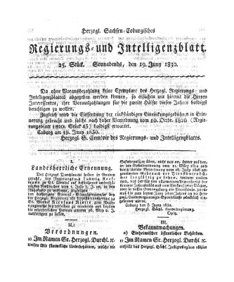 Herzogl.-Sachsen-Coburgisches Regierungs- und Intelligenzblatt (Coburger Regierungs-Blatt) Samstag 19. Juni 1830