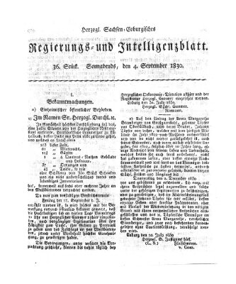 Herzogl.-Sachsen-Coburgisches Regierungs- und Intelligenzblatt (Coburger Regierungs-Blatt) Samstag 4. September 1830