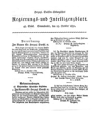 Herzogl.-Sachsen-Coburgisches Regierungs- und Intelligenzblatt (Coburger Regierungs-Blatt) Samstag 23. Oktober 1830