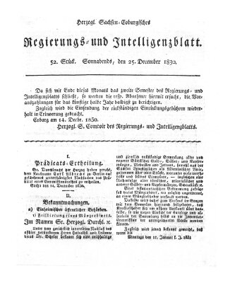 Herzogl.-Sachsen-Coburgisches Regierungs- und Intelligenzblatt (Coburger Regierungs-Blatt) Samstag 25. Dezember 1830