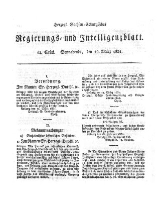 Herzogl.-Sachsen-Coburgisches Regierungs- und Intelligenzblatt (Coburger Regierungs-Blatt) Samstag 19. März 1831