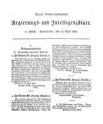 Herzogl.-Sachsen-Coburgisches Regierungs- und Intelligenzblatt (Coburger Regierungs-Blatt) Samstag 23. April 1831