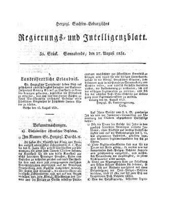 Herzogl.-Sachsen-Coburgisches Regierungs- und Intelligenzblatt (Coburger Regierungs-Blatt) Samstag 27. August 1831