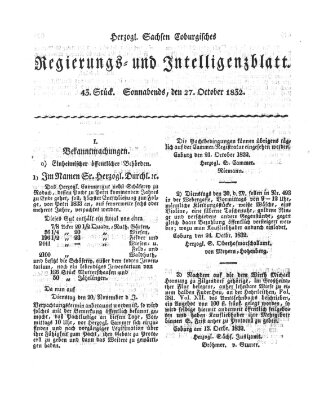 Herzogl.-Sachsen-Coburgisches Regierungs- und Intelligenzblatt (Coburger Regierungs-Blatt) Samstag 27. Oktober 1832