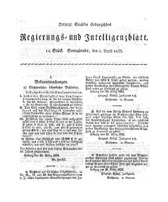 Herzogl.-Sachsen-Coburgisches Regierungs- und Intelligenzblatt (Coburger Regierungs-Blatt) Samstag 6. April 1833