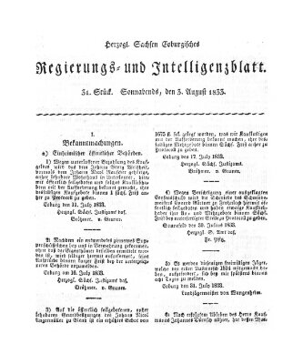 Herzogl.-Sachsen-Coburgisches Regierungs- und Intelligenzblatt (Coburger Regierungs-Blatt) Samstag 3. August 1833