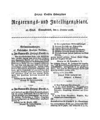 Herzogl.-Sachsen-Coburgisches Regierungs- und Intelligenzblatt (Coburger Regierungs-Blatt) Samstag 5. Oktober 1833