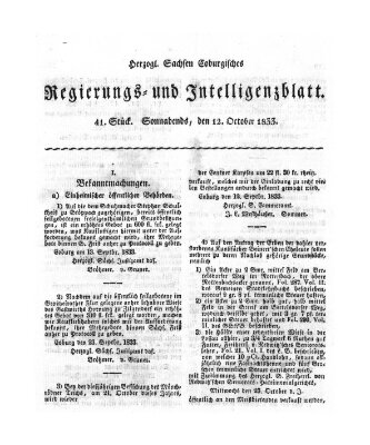 Herzogl.-Sachsen-Coburgisches Regierungs- und Intelligenzblatt (Coburger Regierungs-Blatt) Samstag 12. Oktober 1833