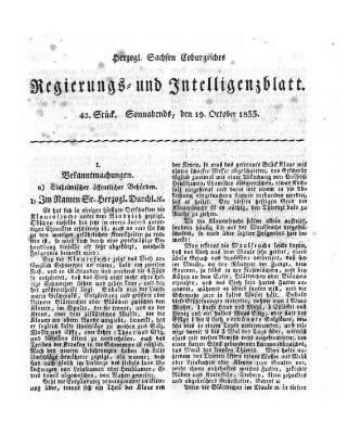 Herzogl.-Sachsen-Coburgisches Regierungs- und Intelligenzblatt (Coburger Regierungs-Blatt) Samstag 19. Oktober 1833