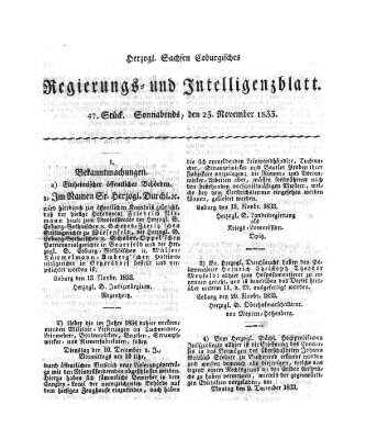 Herzogl.-Sachsen-Coburgisches Regierungs- und Intelligenzblatt (Coburger Regierungs-Blatt) Samstag 23. November 1833