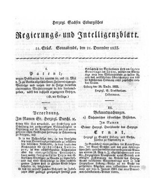 Herzogl.-Sachsen-Coburgisches Regierungs- und Intelligenzblatt (Coburger Regierungs-Blatt) Samstag 21. Dezember 1833