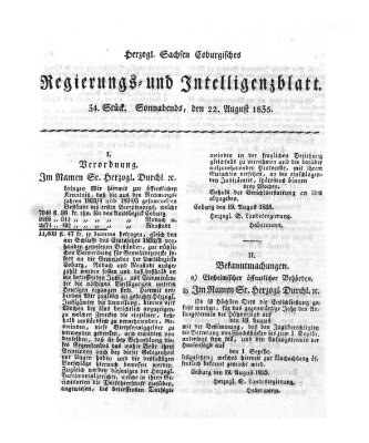 Herzogl.-Sachsen-Coburgisches Regierungs- und Intelligenzblatt (Coburger Regierungs-Blatt) Samstag 22. August 1835