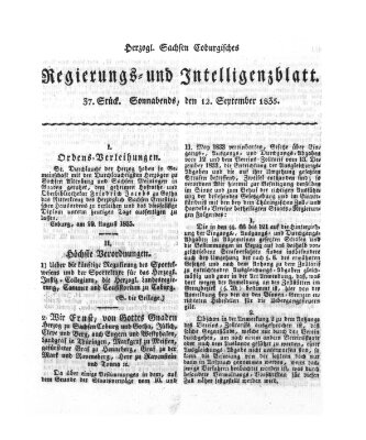 Herzogl.-Sachsen-Coburgisches Regierungs- und Intelligenzblatt (Coburger Regierungs-Blatt) Samstag 12. September 1835