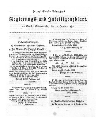 Herzogl.-Sachsen-Coburgisches Regierungs- und Intelligenzblatt (Coburger Regierungs-Blatt) Samstag 17. Oktober 1835