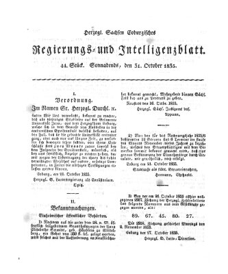 Herzogl.-Sachsen-Coburgisches Regierungs- und Intelligenzblatt (Coburger Regierungs-Blatt) Samstag 31. Oktober 1835