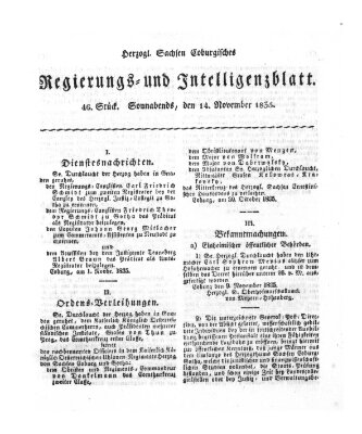 Herzogl.-Sachsen-Coburgisches Regierungs- und Intelligenzblatt (Coburger Regierungs-Blatt) Samstag 14. November 1835