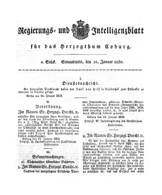 Regierungs- und Intelligenzblatt für das Herzogtum Coburg (Coburger Regierungs-Blatt) Samstag 26. Januar 1839