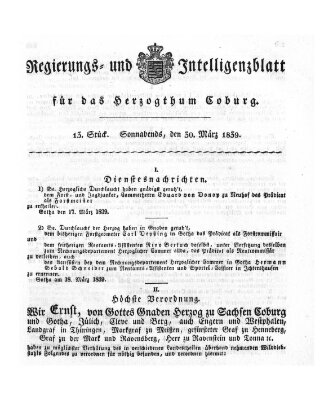 Regierungs- und Intelligenzblatt für das Herzogtum Coburg (Coburger Regierungs-Blatt) Samstag 30. März 1839