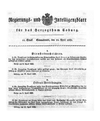 Regierungs- und Intelligenzblatt für das Herzogtum Coburg (Coburger Regierungs-Blatt) Samstag 20. April 1839