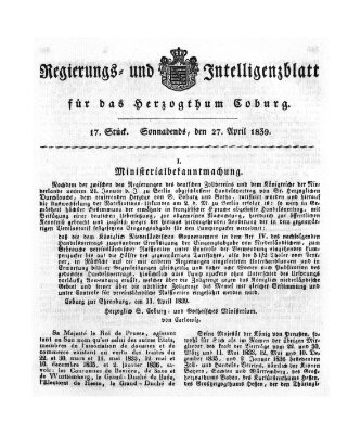 Regierungs- und Intelligenzblatt für das Herzogtum Coburg (Coburger Regierungs-Blatt) Samstag 27. April 1839