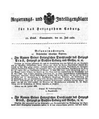 Regierungs- und Intelligenzblatt für das Herzogtum Coburg (Coburger Regierungs-Blatt) Samstag 20. Juli 1839