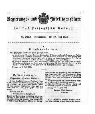 Regierungs- und Intelligenzblatt für das Herzogtum Coburg (Coburger Regierungs-Blatt) Samstag 27. Juli 1839