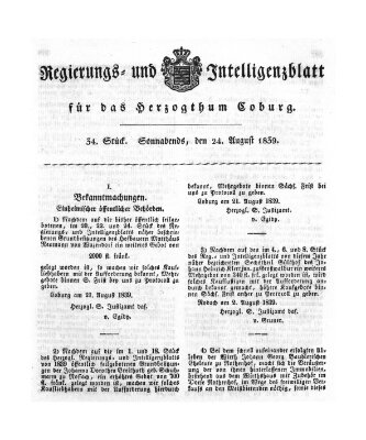 Regierungs- und Intelligenzblatt für das Herzogtum Coburg (Coburger Regierungs-Blatt) Samstag 24. August 1839