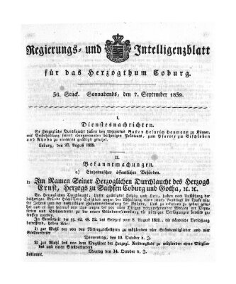 Regierungs- und Intelligenzblatt für das Herzogtum Coburg (Coburger Regierungs-Blatt) Samstag 7. September 1839