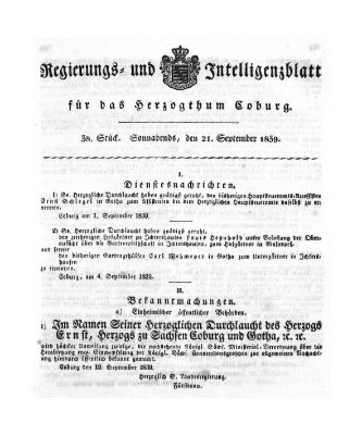 Regierungs- und Intelligenzblatt für das Herzogtum Coburg (Coburger Regierungs-Blatt) Samstag 21. September 1839