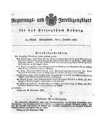 Regierungs- und Intelligenzblatt für das Herzogtum Coburg (Coburger Regierungs-Blatt) Samstag 5. Oktober 1839