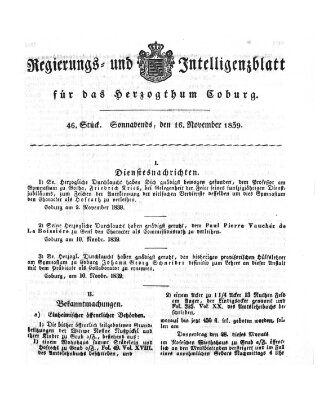 Regierungs- und Intelligenzblatt für das Herzogtum Coburg (Coburger Regierungs-Blatt) Samstag 16. November 1839