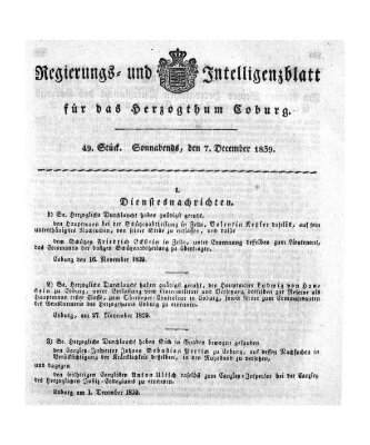 Regierungs- und Intelligenzblatt für das Herzogtum Coburg (Coburger Regierungs-Blatt) Samstag 7. Dezember 1839