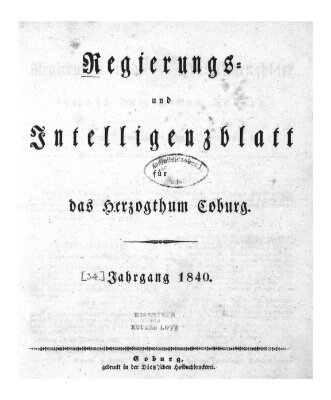 Regierungs- und Intelligenzblatt für das Herzogtum Coburg (Coburger Regierungs-Blatt) Samstag 4. Januar 1840