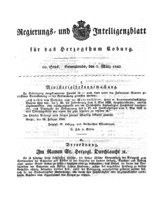 Regierungs- und Intelligenzblatt für das Herzogtum Coburg (Coburger Regierungs-Blatt) Samstag 7. März 1840