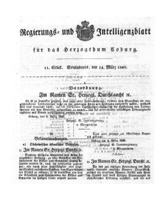 Regierungs- und Intelligenzblatt für das Herzogtum Coburg (Coburger Regierungs-Blatt) Samstag 14. März 1840