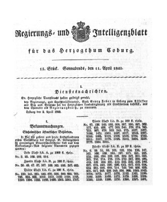 Regierungs- und Intelligenzblatt für das Herzogtum Coburg (Coburger Regierungs-Blatt) Samstag 11. April 1840