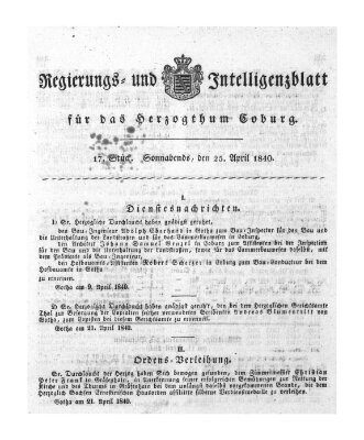 Regierungs- und Intelligenzblatt für das Herzogtum Coburg (Coburger Regierungs-Blatt) Samstag 25. April 1840