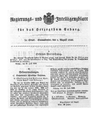 Regierungs- und Intelligenzblatt für das Herzogtum Coburg (Coburger Regierungs-Blatt) Samstag 1. August 1840