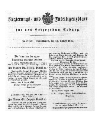 Regierungs- und Intelligenzblatt für das Herzogtum Coburg (Coburger Regierungs-Blatt) Samstag 22. August 1840