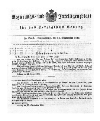 Regierungs- und Intelligenzblatt für das Herzogtum Coburg (Coburger Regierungs-Blatt) Samstag 26. September 1840