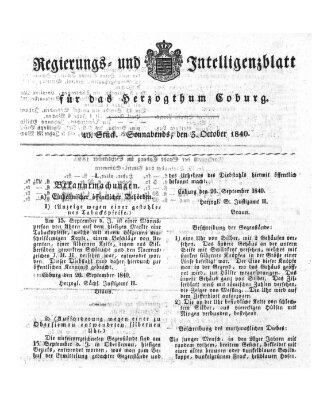 Regierungs- und Intelligenzblatt für das Herzogtum Coburg (Coburger Regierungs-Blatt) Samstag 3. Oktober 1840