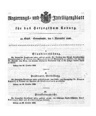 Regierungs- und Intelligenzblatt für das Herzogtum Coburg (Coburger Regierungs-Blatt) Samstag 7. November 1840